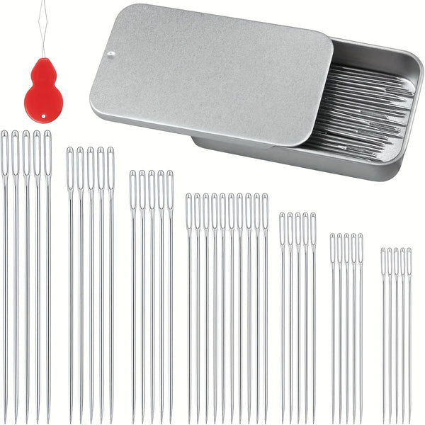 A set of 40 stainless steel sewing needles with a red holder.