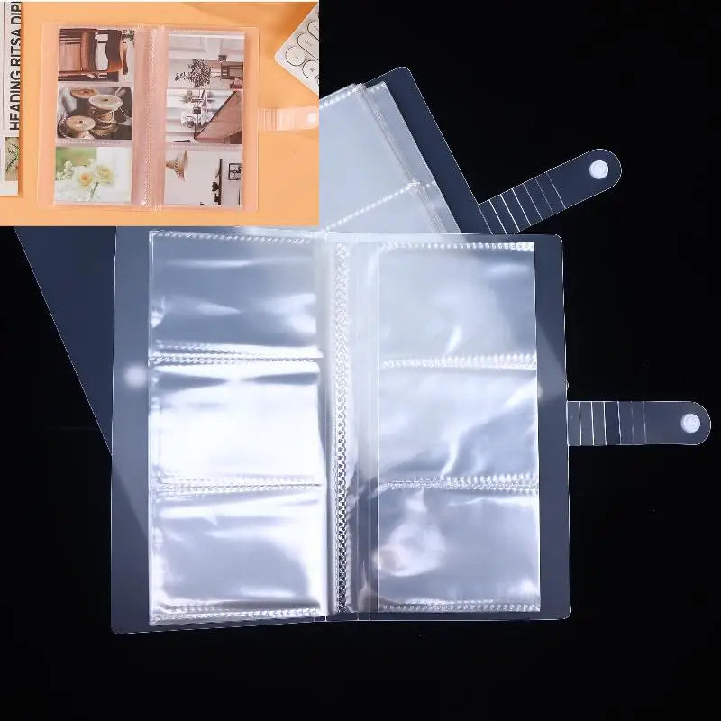 A clear plastic photo storage card album with a dark blue cover and a transparent protective sleeve.