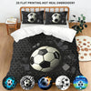 A soccer ball themed bedding set featuring a duvet cover and three pillowcases with various soccer ball designs.