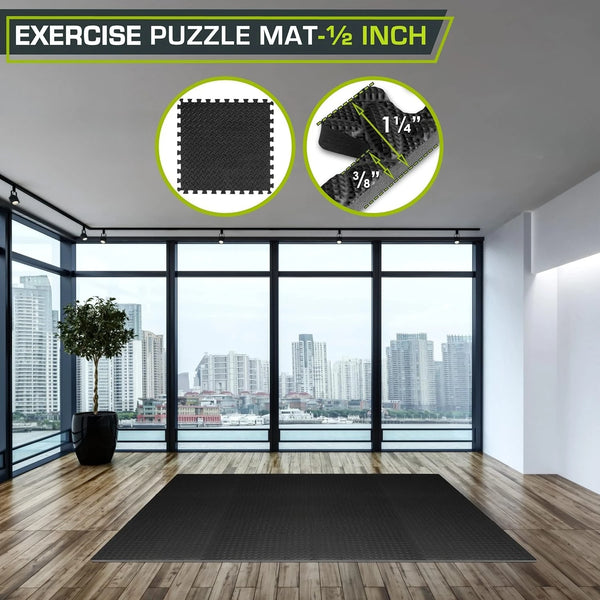 A black exercise puzzle mat is shown on a wooden floor in a modern room, with size indicators displayed.