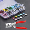 A clear plastic box containing a set of metal prong snap buttons and a setting pliers tool.