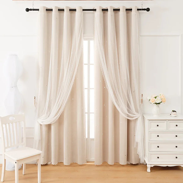 Beige Stars Hollow Out curtains hanging in a bright room with a white chair and dresser.