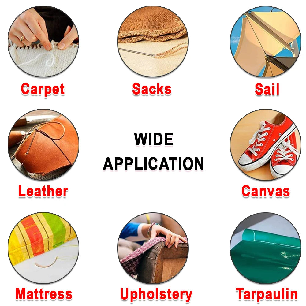 A collection of various materials including carpet, sacks, sail, leather, canvas, mattress, upholstery, and tarpaulin.