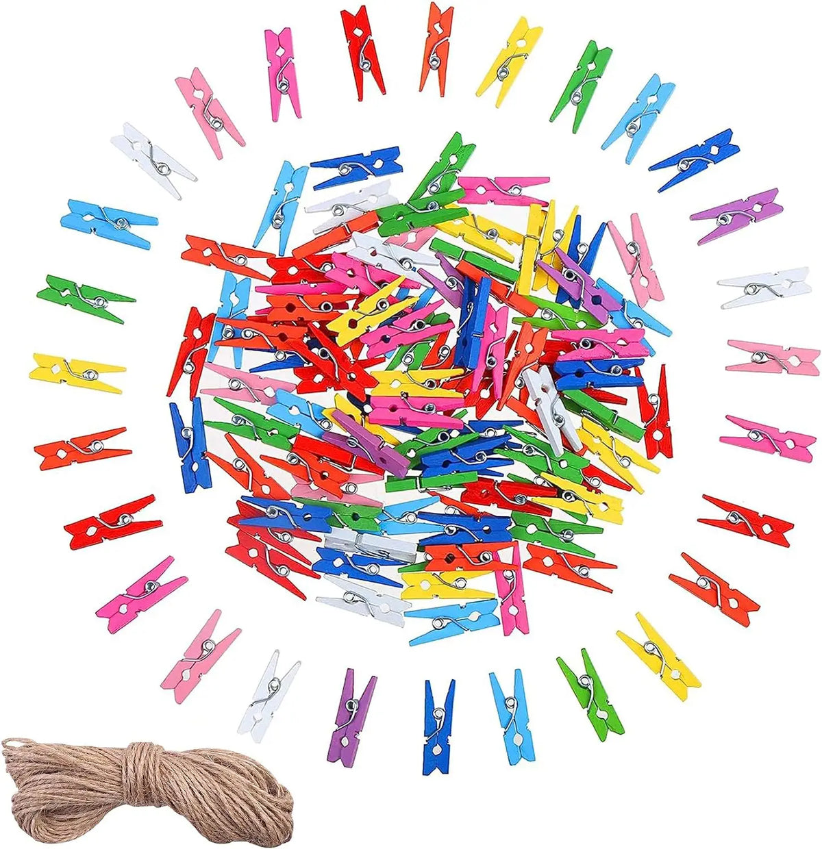 A circular arrangement of colorful mini wooden clothespins with jute twine for photo displays and DIY crafts