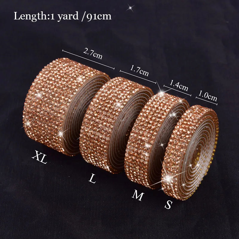 Rolls of gold diamond rhinestone strips for DIY decor shown in various sizes labeled XL, L, M, and S