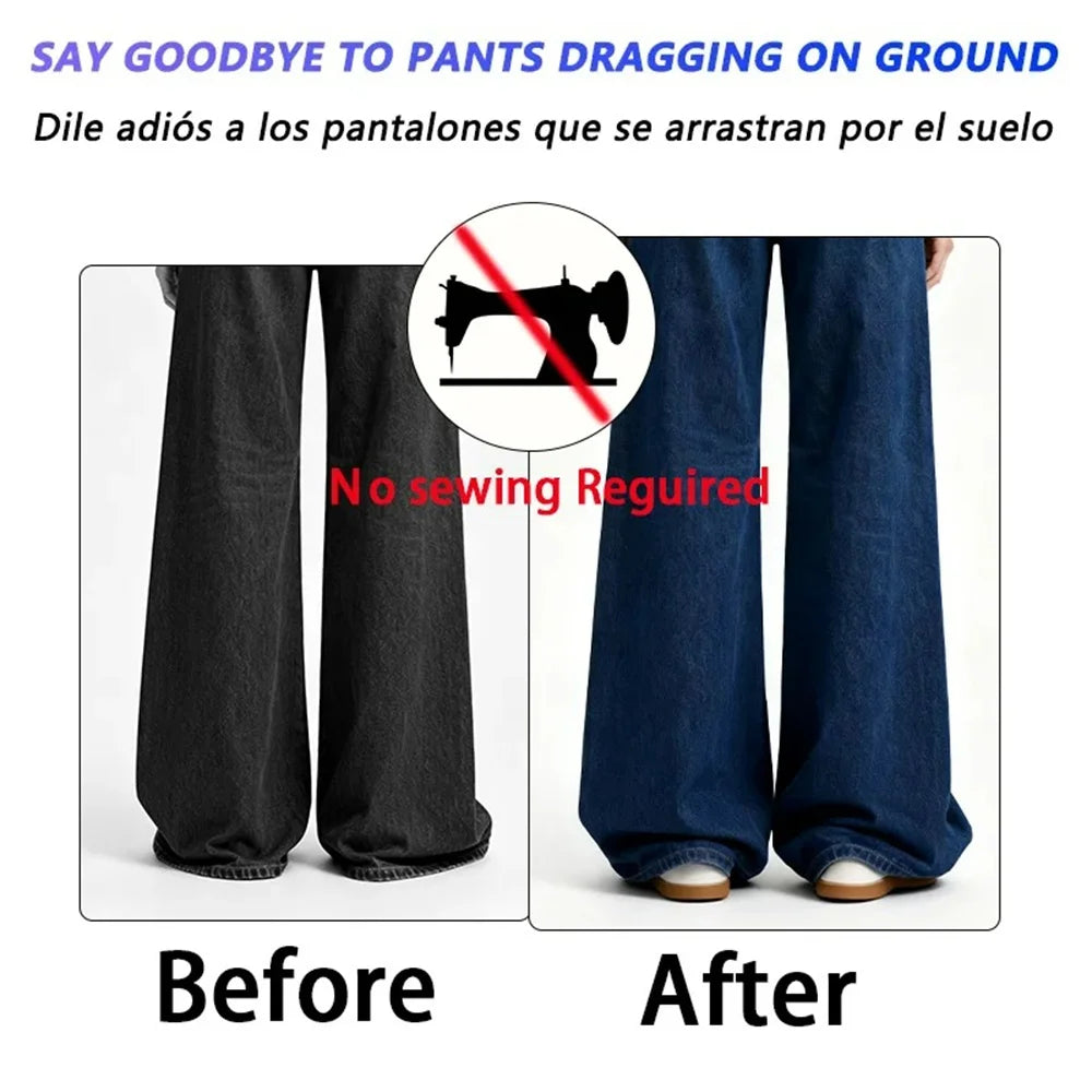 Before and after comparison showing invisible pant hem clips for non-slip trouser adjustment