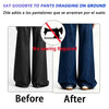Before and after comparison showing a pant dragging on the ground before and after using an invisible no-sew trouser shortene