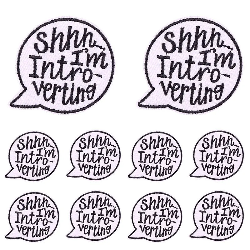 Set of embroidered letter slogan applique patches featuring the text Shhh I'm Introverting