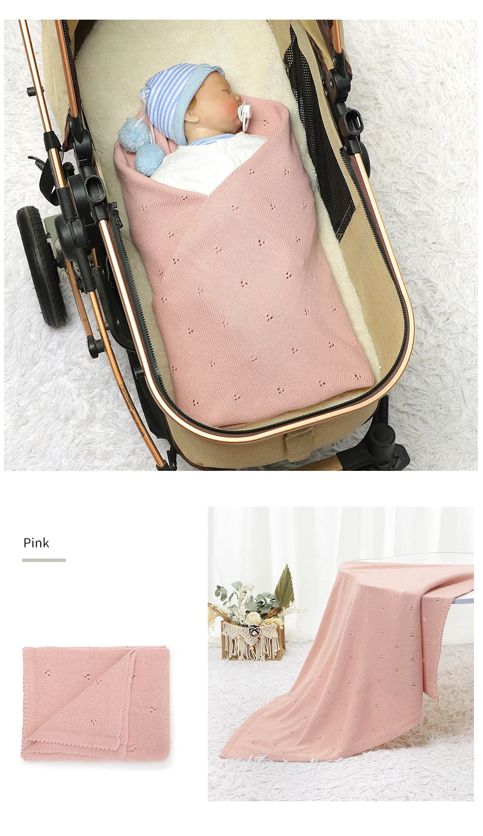 A pink super soft cotton knit baby blanket is shown draped over a wooden baby carrier and displayed next to a folded version.