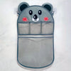 A gray mesh storage bag shaped like a panda face is displayed against a white background.
