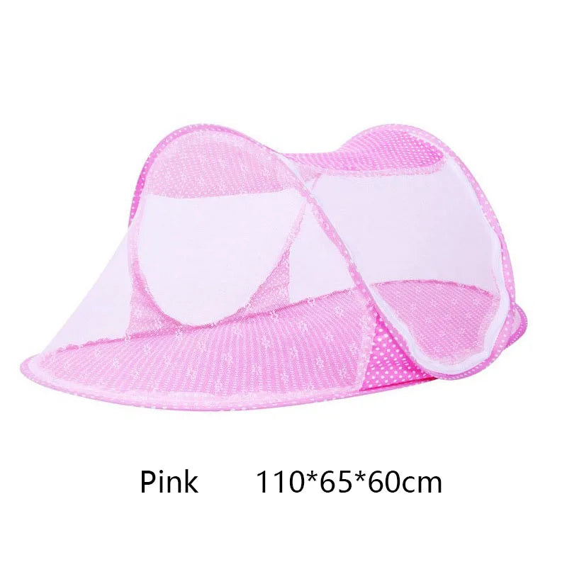 Pink foldable mosquito net designed for infant cribs