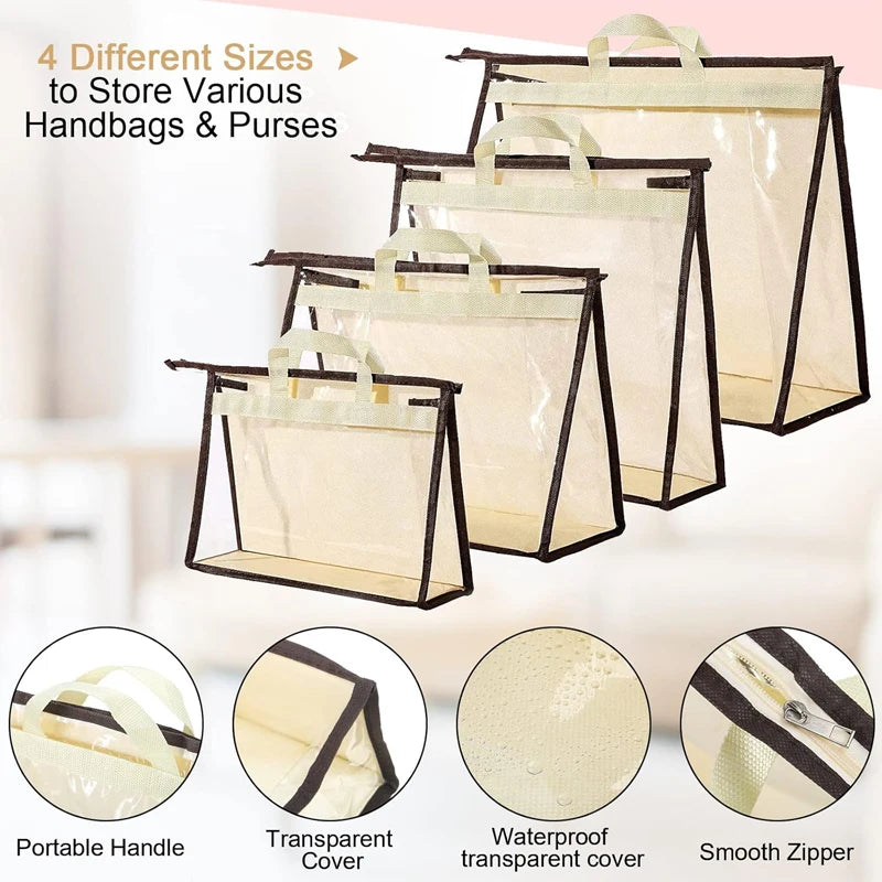 Four different sized dustproof storage bags for handbags and purses shown with close-ups of features