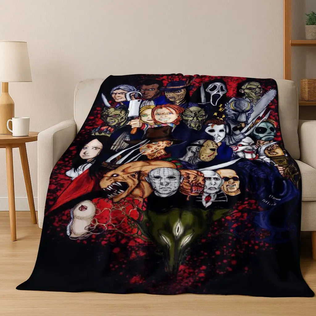 A dark flannel throw blanket featuring a collage of various horror movie characters and monsters.
