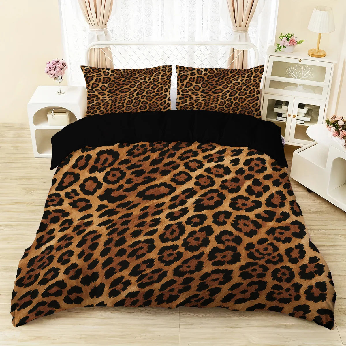 A leopard print duvet cover set featuring a brown and black animal print on a bed.