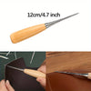 A wooden and metal sewing needle tool is shown next to a leather piece.