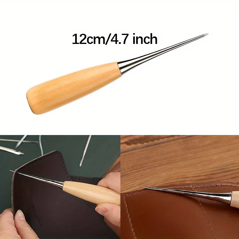A wooden and metal sewing needle tool is shown next to a leather piece.