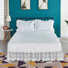 White lace ruffle bed skirt with elastic trim on a white bed in a teal room.