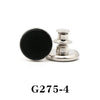 Silver adjustable button pin with a round black surface.