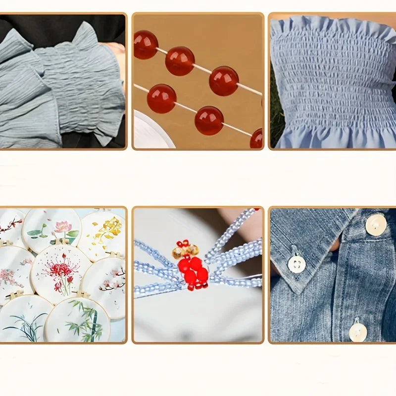 Close-up images showing various shades of light blue fabric, red beads, and blue embroidery thread details.