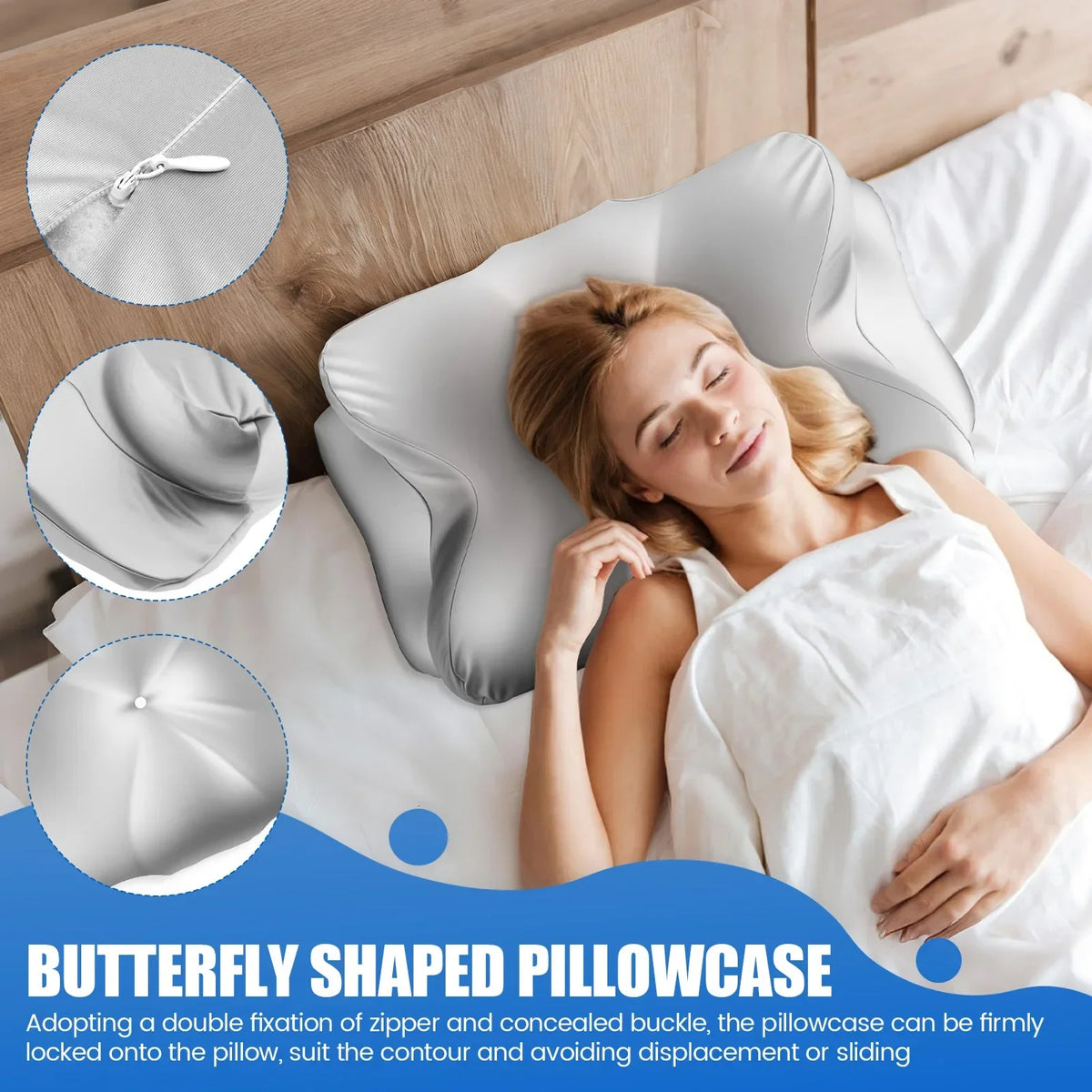A woman rests her head on a butterfly-shaped pillowcase on a white bed, demonstrating the fit and function of the product.