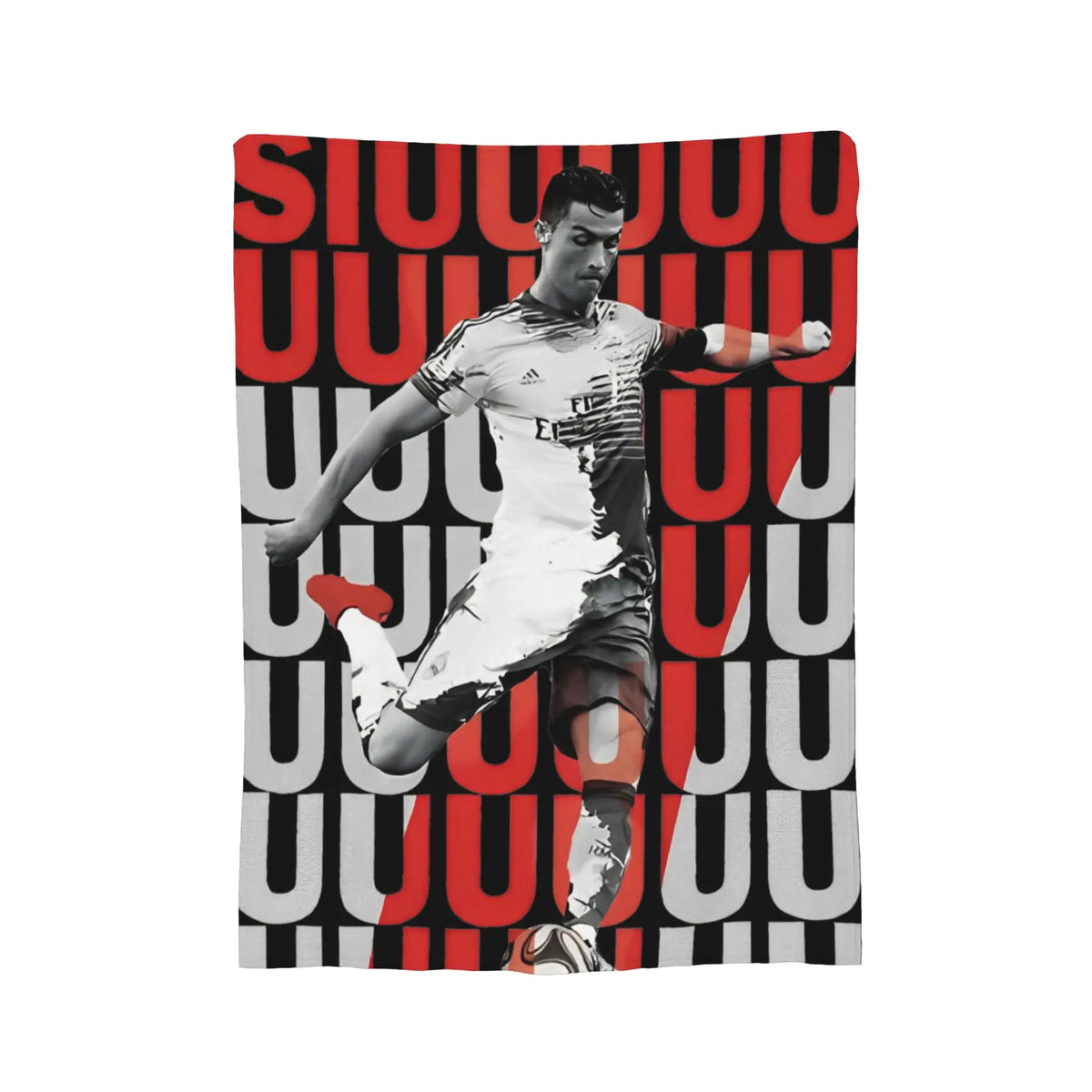 A soccer player in a white and black jersey is shown against a background of red and black repeating letters on a throw blank