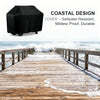 Black waterproof grill cover shown on a wooden pier with ocean waves in the background