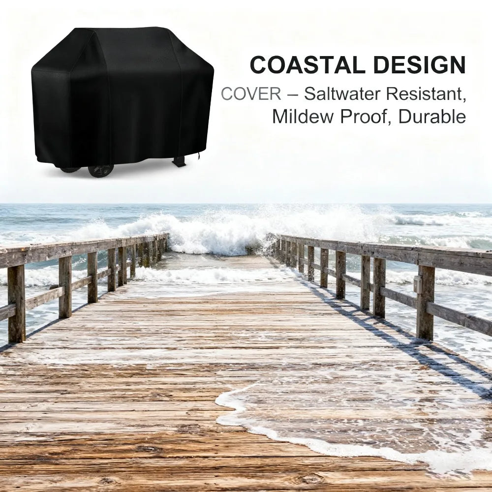 Black waterproof grill cover shown on a wooden pier with ocean waves in the background