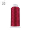 A roll of deep red polyester embroidery thread with a white core and cap.