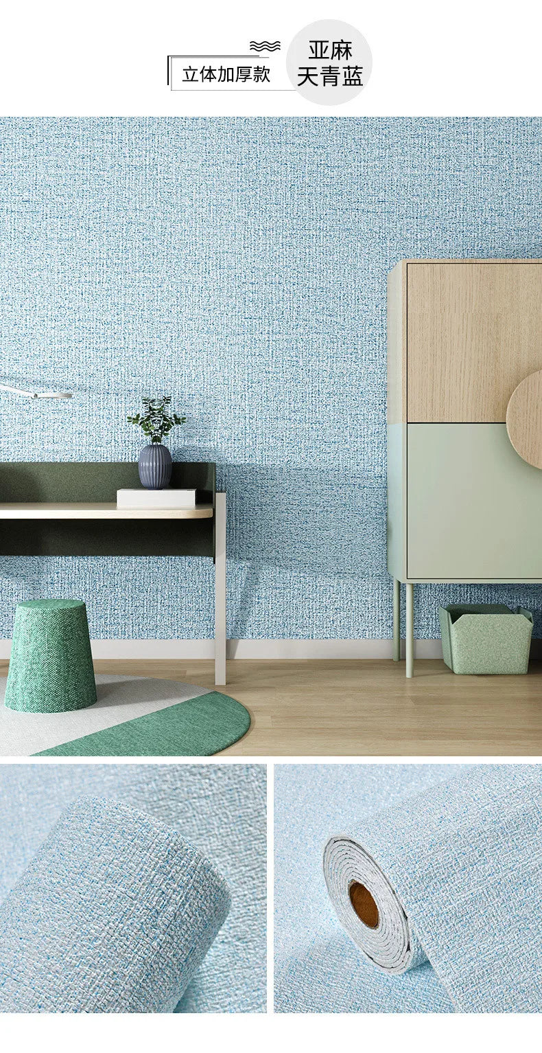 Light blue self-adhesive 3D thermal insulation wallpaper with a linen texture applied to a wall.