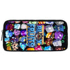 A black fabric pouch featuring various cartoon and stylized character designs.