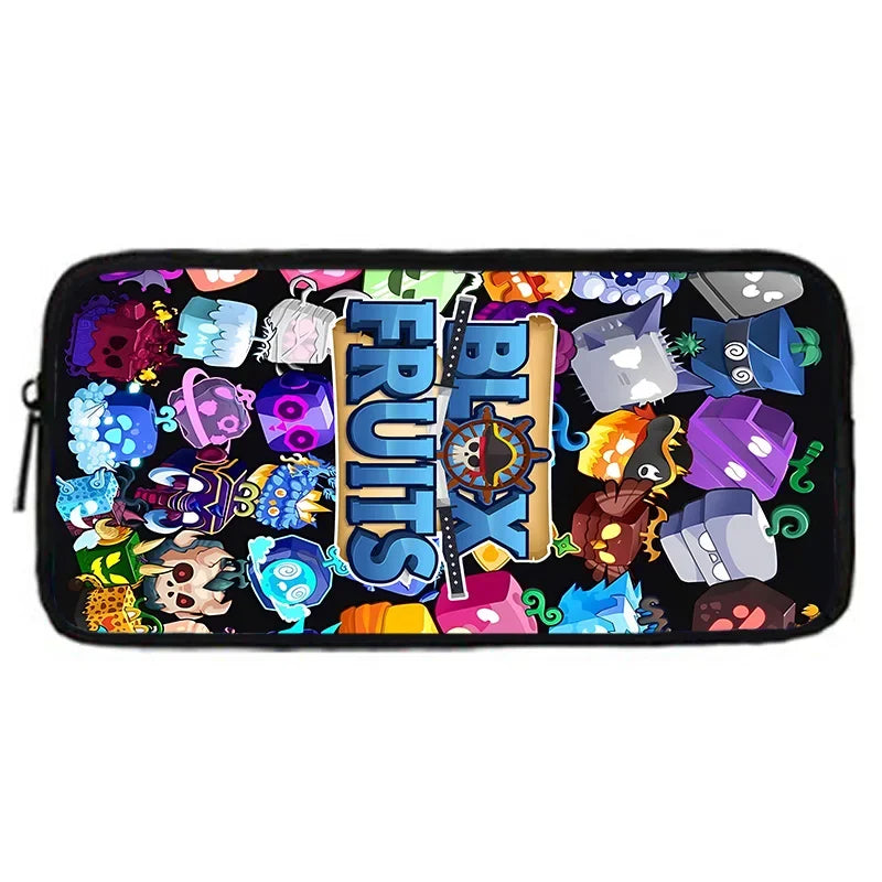 A black fabric pouch featuring various cartoon and stylized character designs.