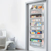 A gray hanging storage organizer with multiple compartments for organizing small items like toys and craft supplies.