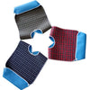 A set of adult waterproof mealtime bibs in blue and red plaid patterns.