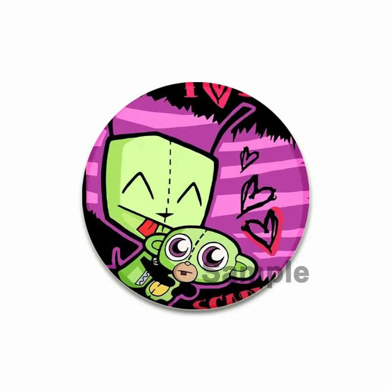 A colorful enamel pin featuring a green alien character with pink hair against a striped purple background.