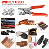A set of metal prong rings and snap buttons used as DIY sewing tools for fabric applications.