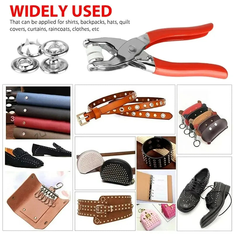 A set of metal prong rings and snap buttons used as DIY sewing tools for fabric applications.