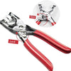 A pair of red and silver precision snap fasteners shown with an open and locked view.