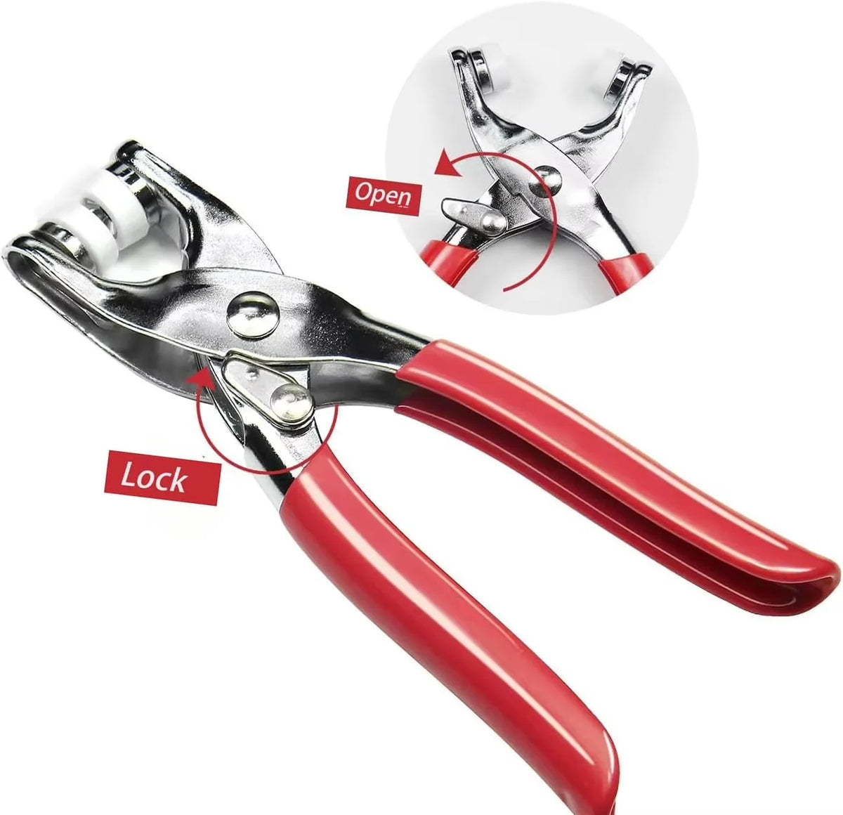 A pair of red and silver precision snap fasteners shown with an open and locked view.