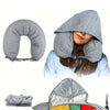 A gray soft fillable travel pillow shown as a standalone item and being worn by a person.