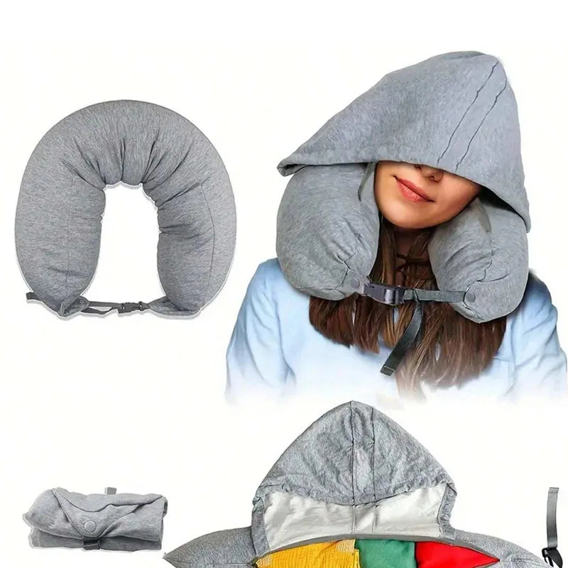 A gray soft fillable travel pillow shown as a standalone item and being worn by a person.