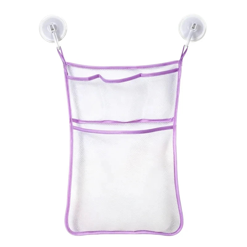 A clear mesh baby bath organizer storage bag with purple trim and hanging loops.