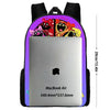 A silver MacBook Air laptop is placed inside a purple cartoon kids backpack with matching shoulder bag and pencil case.