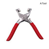 A pair of silver pliers with red handles used for fastener installation.