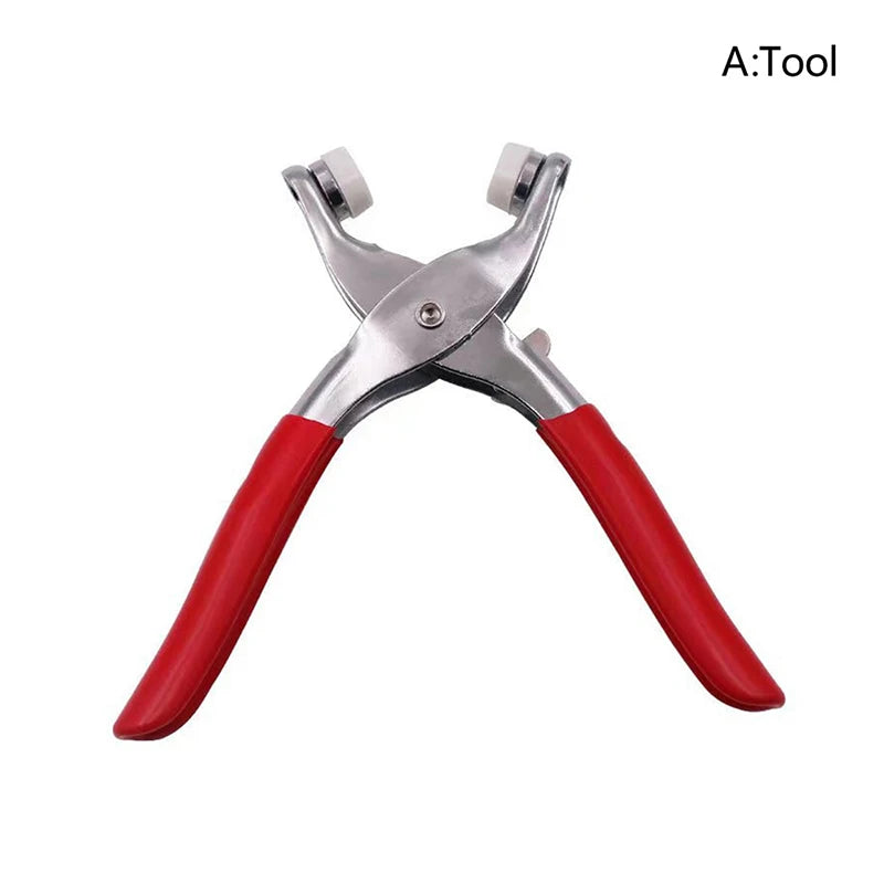 A pair of silver pliers with red handles used for fastener installation.
