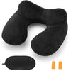 Black inflatable travel pillow with a soft velvet cover and an orange accessory.