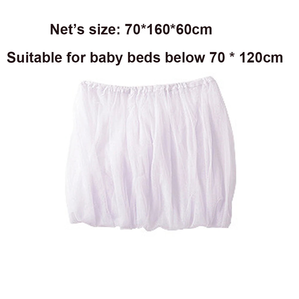 White portable mosquito net suitable for baby beds, measuring 70x160x60 cm.
