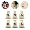 A set of beige drawstring cotton gift bags featuring a black dollar sign design for parties and cosplay.