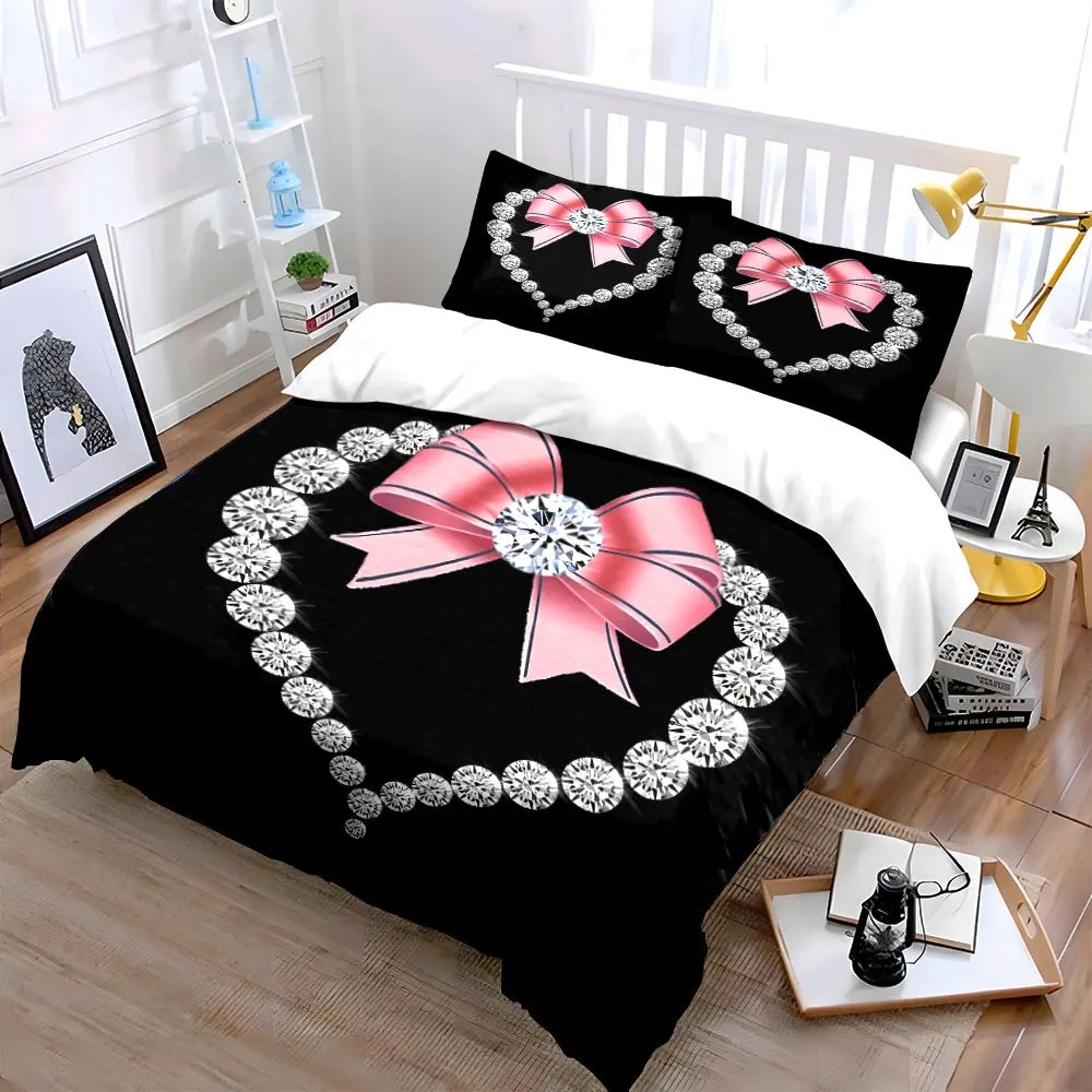Black bedding set featuring a diamond heart print with pink bows and silver chains for girls