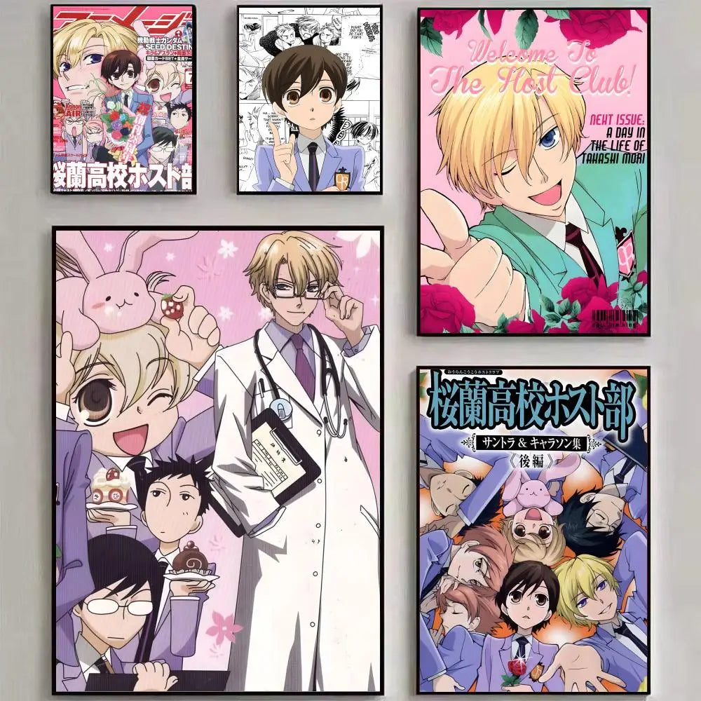 A collection of posters featuring characters from Ouran High School Host Club in various styles and art directions.