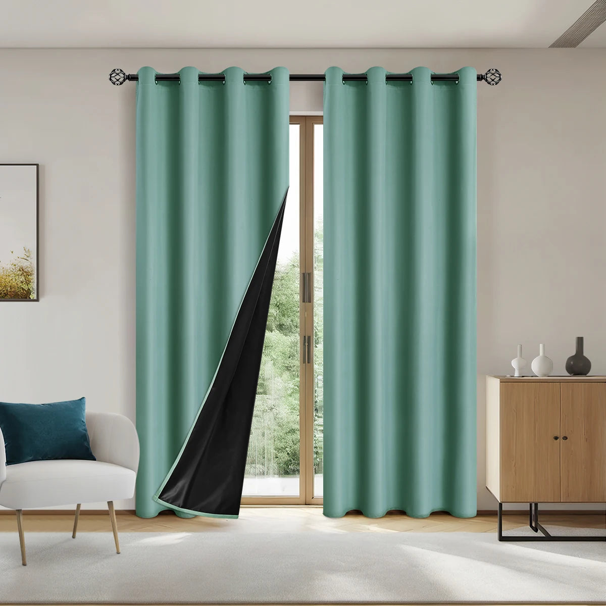 A pair of teal curtains with black panels hanging in a modern living room window.